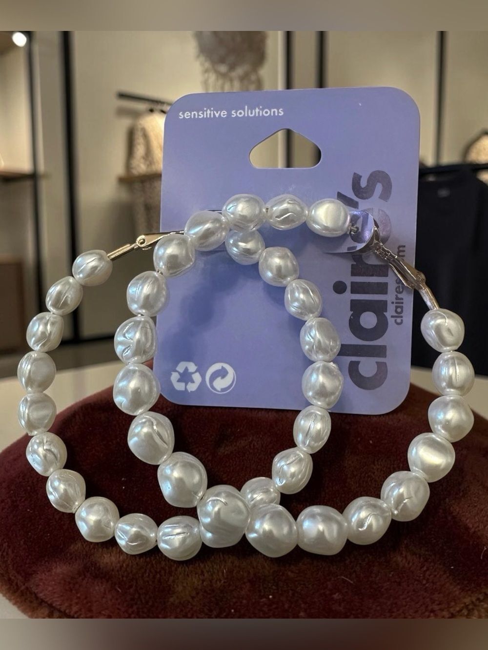 Claire's White faux Pearl Beaded Hoop Earrings.
